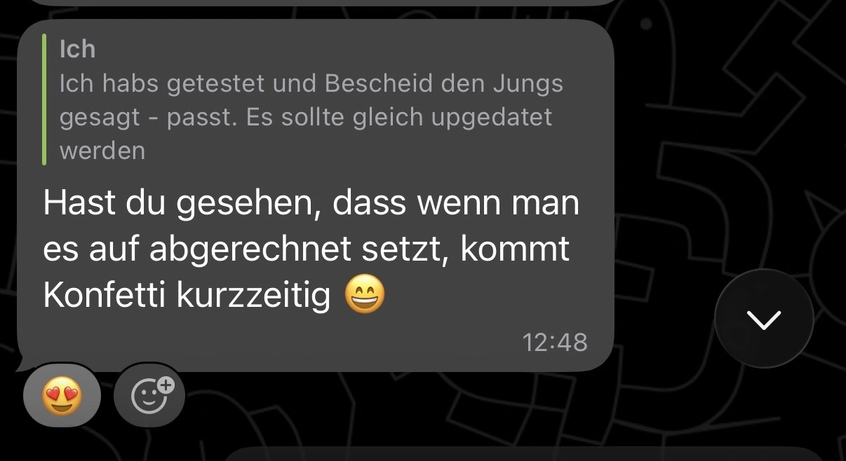 Anonymisierter Screenshot einer Rückmeldung aus der QM-Leitung zu einem positiven Produktdetail.