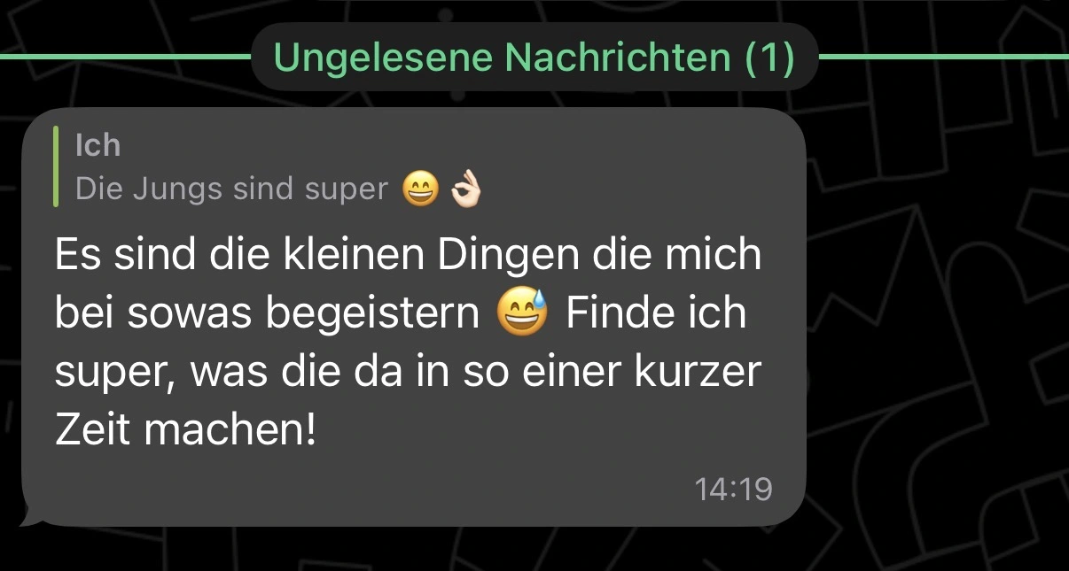 Anonymisierter Screenshot einer Rückmeldung aus der QM-Leitung zur schnellen Produktentwicklung.